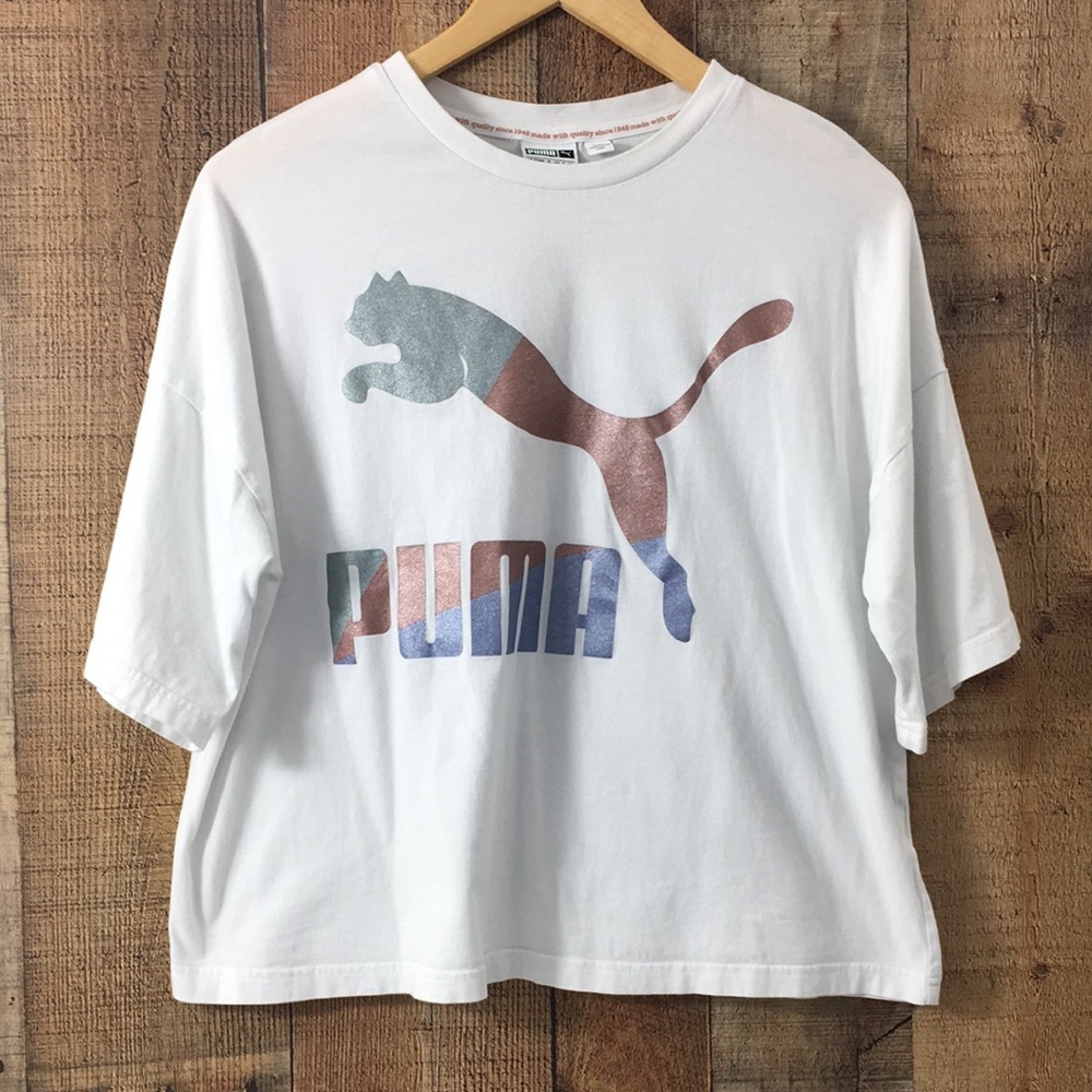 Puma White Metallic‎ Panther Graphic Glam Oversized T Shirt Womens Small Cropped